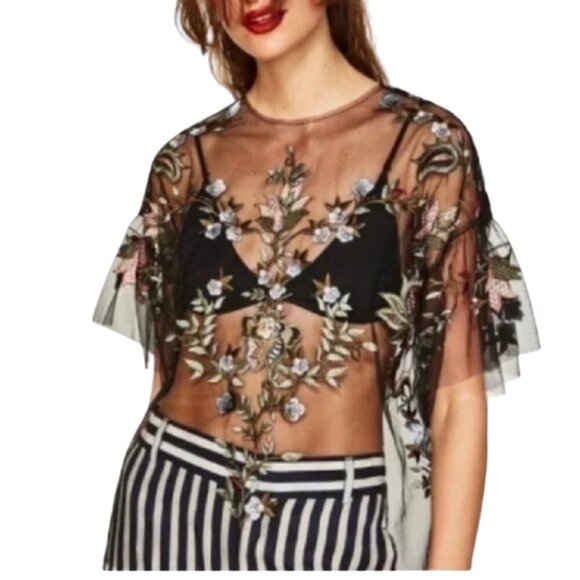 Zara Tops - Women's XS Zara Black Sheer Mesh Embroidered Flutter Sleeve